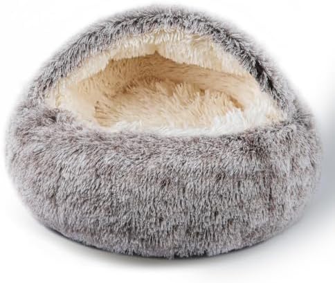 Cat Bed for Indoor Cats, Calming Cozy Cave with Self-Warming Plush, Entire Bed Machine Washable & Anti-Slip Base, Breathable Pet Bed for Small Cats&Dogs All Seasons (Khaki|biger, 20*20inch)