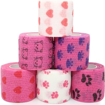 Self Adhesive Bandage Wrap Animal Cohesive Bandage Self Adherent Wrap First Aid Tape for Dogs Cats Horses Birds & Wrist Healing Ankle Sprain (2 Inch Pink Set 6 Rolls)