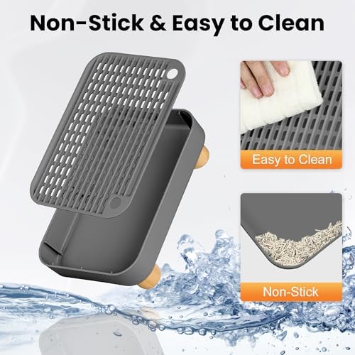 Litter Box Step, Litter Box Ramp/Catcher with Wooden Base, Anti-Tracking & Easy to Clean, Ideal for Small & Elderly Cats 11.8"x7.9"x3.6" (Dark Gray)