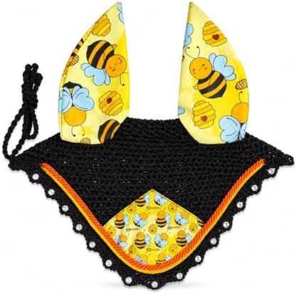 Horse Ear Bonnet for Horses, Floral Print Fly Bonnet with Crystal Edge, Handmade Crochet Fly Veil, Breathable Stretch Ears (Honey BEE Print, Horse/Full)
