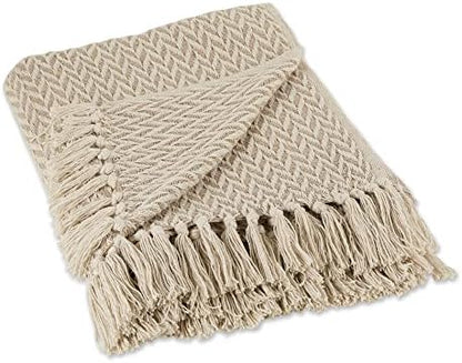 DII Modern Zig Zag Throw Blanket Woven Cotton, Hand-Knotted 2.5" Fringe, 50x60, Stone