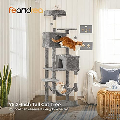 Feandrea Cat Tree, 73.2-Inch Cat Tower, Multi-Level Condo, Light Gray