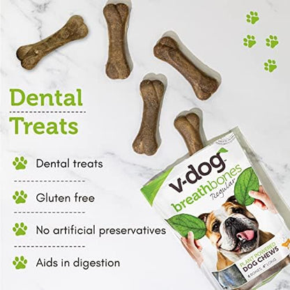 V-dog Dog Treats - Vegan Breathbone Teeth Cleaning Dental Dog Bones - Fresh Breath - 8 Ounces - All Natural - Made in USA - 6 Bones - 4" Long - Easy to Digest