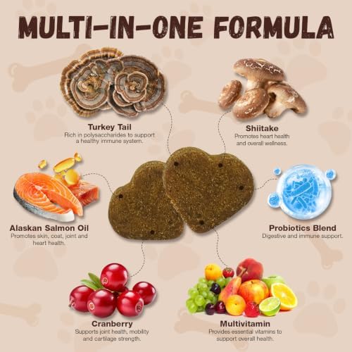 Turkey Tail Mushroom for Dogs with Probiotics - Mushroom Supplement for Dogs Lumps and Bumps, Reishi, Lion's Mane - Immune Boost, Gut Health, Lipoma, Joint & Skin Support Multivitamin, 120 Chews