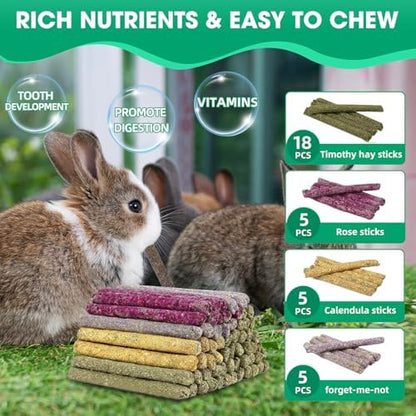 Jorewood 33 Pcs Rabbit Chew Sticks, Rabbit, Guinea Pig Toys, Natural Timothy Grass Molar Teeth Stick, Mixing Flowers Chewing Toy, Small Animals Treats