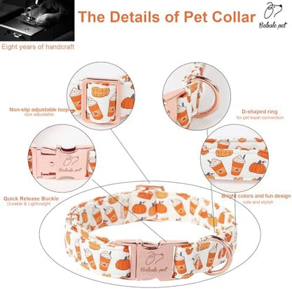 Fall Dog Collar for Small Dogs - Fall Holiday Pumpkin Latte Printed Dog Collars, Adjustable Heavy Duty Pet Collar with Metal Buckle S