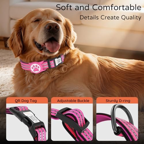 Waterproof AirTag Dog Collar with QR Code Dog Tag, Rose Red02 L