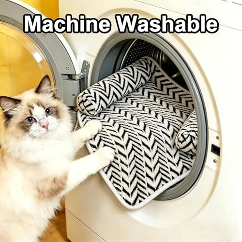 Cat Bed Blanket with Pillow, 31.5''x35.5'' Washable Pet Sofa Cover, Couch Protector Pet Blanket Cat Mat, Non-Slip Furniture Protector Mat (Black & White Leaf-Patterned)