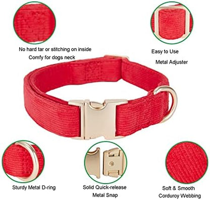 Soft Corduroy Fibric Dog Collar with High Grade Metal Buckle, for Large Dogs.(Red,Large:17-26")