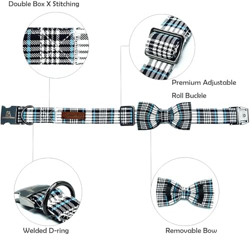 Lionheart glory Dog Bow Collar Blue and Black Plaid Dog Collar for X-Small Dogs,Boy Dog Collars with Bowtie Spring Summer Collars Soft Adjustable Pet Collar Bows