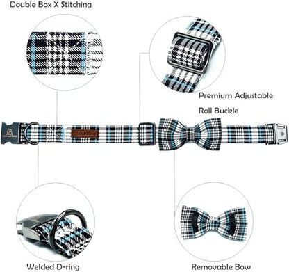 Lionheart glory Dog Bow Collar Blue and Black Plaid Dog Collar for Large Dogs,Boy Dog Collars with Bowtie Spring Summer Collars Soft Adjustable Pet Collar Bows