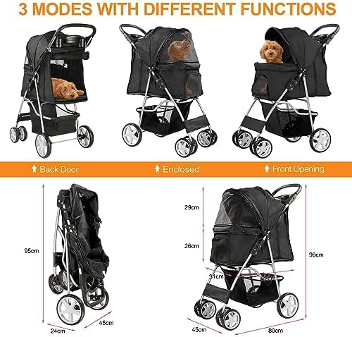 4-Wheel Pet Stroller for Small Dogs and Cats, Up to 33 lb, Black