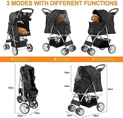 4-Wheel Pet Stroller for Small Dogs and Cats, Up to 33 lb, Black