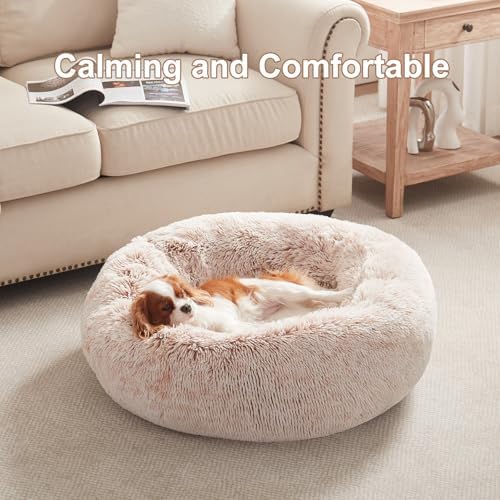 30 inches Faux Fur Fluffy Donut Dog Bed for Medium Dogs,Brown