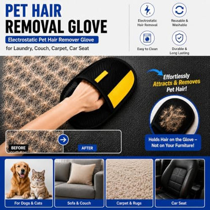 Electrostatic Pet Hair Removal Glove for Cats & Dogs, Reusable Electrostatic Hair Remover, Washable Grooming Glove for Removing Pet Hair from Clothes, Furniture, Carpets & Car Interiors