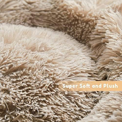 Cat Beds for Indoor Cats - Cat Bed Washable 24 inches, Dog Beds for Small Medium Dogs, Anti Anxiety Round Fluffy Plush Faux Fur Cat Bed, Thick Bottom (Light Brown, Large 24" L x 24" W)