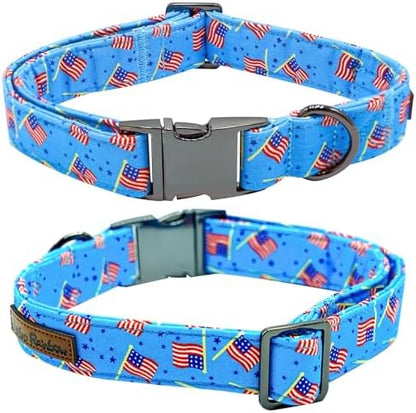 Independence Day Dog Collar, Summer Blue Flag Durable Metal Boy Dog Collars Adjustable Pet Collar for Small Medium Large Dogs