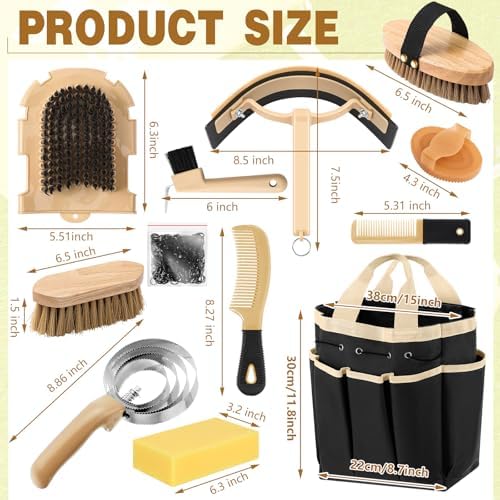 Abbylike 12 Piece Horse Grooming Kit with Organizer Tote Bag Brush Sets for Derby Day Show Horses Professional Tools for Care & Massage(Khaki and Black)