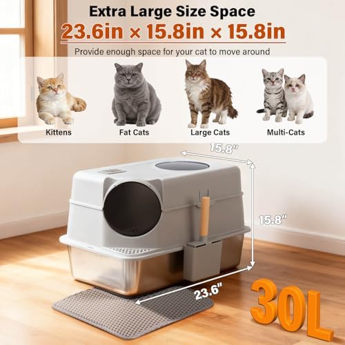 Stainless Steel Cat Litter Box Enclosed,Metal Litter Box with Lid
