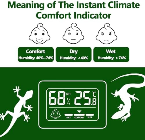 Black Reptile Thermometer Hygrometer with Climate Comfort Indicator, Fast Accurate LCD Digital Temperature & Humidity Monitor for Ball Python, Crested Gecko, Tortoise, Frog Tanks