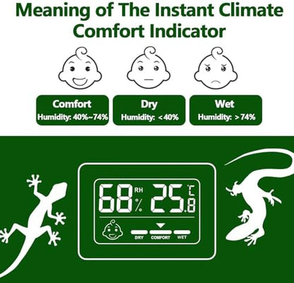 Black Reptile Thermometer Hygrometer with Climate Comfort Indicator, Fast Accurate LCD Digital Temperature & Humidity Monitor for Ball Python, Crested Gecko, Tortoise, Frog Tanks