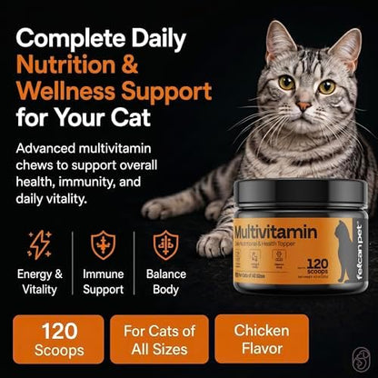 Daily Cat Food Topper – Cat Multivitamin Powder with 17 Active Nutrients, Taurine, Omega 3 & Glucosamine – Mixes Easily into Wet or Dry Food – Supports Energy & Vitality – 120 Scoops