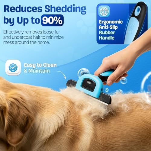 Flexzion Deshedding Dog Brush for Short Hair Pets, 4-Inch Blade, Blue