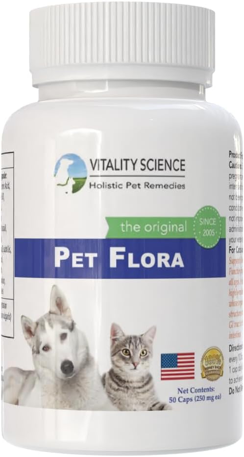 Vitality Science Pet Probiotic for Cats & Dogs | Pet Flora - Great for Diarrhea, Vomiting, Gas, Skin Conditions - Additive Free (50 Caps)