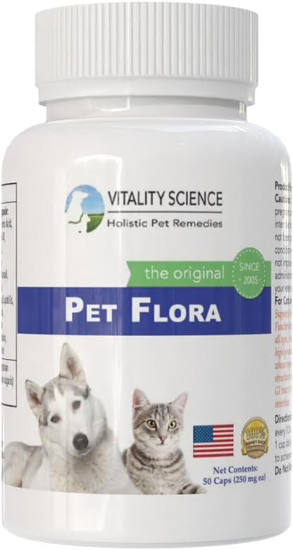 Vitality Science Pet Probiotic for Cats & Dogs | Pet Flora - Great for Diarrhea, Vomiting, Gas, Skin Conditions - Additive Free (50 Caps)