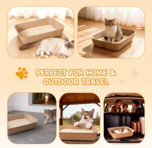 Disposable Litter Boxes for Cats, Durable and Water Resistant, Sustainable Large Disposable Litter Box, Disposable Cat Litter Boxes for Indoor/Travel Use, Standalone or as Liner (Brown, Large 6-Pack)