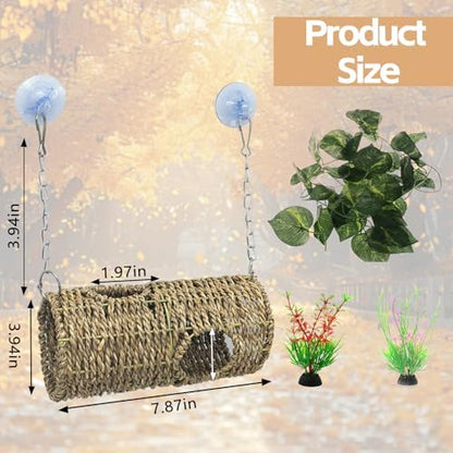 Hanging Reptile Hide Cave,Natural Seagrass Fiber Bearded Dragon Hammock Hideout,Reptile Shelter Sleeping Cave Swing Climbing Toys Terrarium Decor for Lizard Gecko Snake Hermit Crabs(Round)