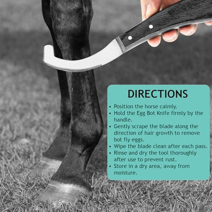 Pro Farrier Grooming Bugs Bot Knife– Stainless Steel Blade, Wooden Handle, Multi-Purpose Mane and Coat Cleaning Tool for Horses, Goats, and Cattle (Black)