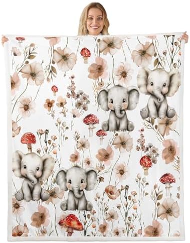 Erosebridal Kids Elephant Blanket Throw 90"x90",Mushroom Elephant Blankets and Throws for Girls Women,Wildlife Animal Print Fleece Blanket Country Style Floral Sherpa Blanket for Bed Couch Decor