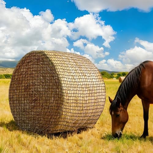 Heavy Duty Slow Feed Hay Net for Horses, 5x5x5 Ft Round Bale Hay Feeder Net
