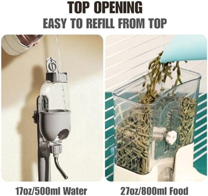 Automatic Pet Food Water Dispenser, Auto Gravity Pet Feeder Water Bottle Set for Crate Cage, Feeding Station for Small Dog Cat Rabbit Guinea Pigs Chinchilla Ferret Hedgehog (Gray)