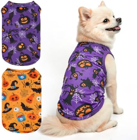 BINGPET 2PCS Dog Halloween Costume, Soft Cotton Puppy Shirt, Bat & Pumpkin