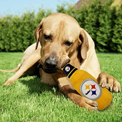 Pets First NFL Pittsburgh Steelers Beer Bottle Plush Dog & CAT Squeak Toy - Cutest Stadium SODA Bottle Snack Plush Toy for Dogs & Cats with Inner Squeaker & Beautiful Football Team Name/Logo