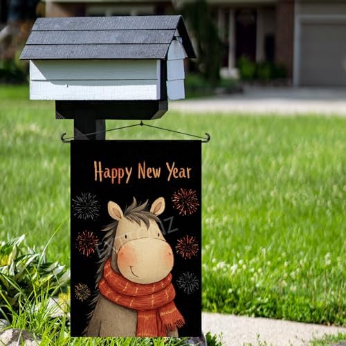 Happy New Year Garden Flag 12x18 Double Sided Vertical Linen Small Fireworks Horse House Flag Welcome Holiday Winter House Outdoor Outside Decorations (27163)