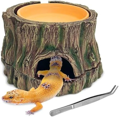 PINVNBY 3 in 1 Reptile Hide Cave with Removable Sump and Humidity Water Dish,Reptiles Hideout Water Tank Accessories for Small Reptiles Gecko,Leopard Gecko,Lizard,Snake,Crabs
