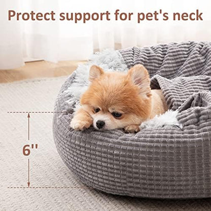 MIXJOY Small Dog Bed Cat Bed with Blanket Attached, Round Hooded Cozy Dog Cave Beds for Small Dogs, Soft Plush Cuddler Puppy Pet Bed, Anti-Slip Bottom, 23inch