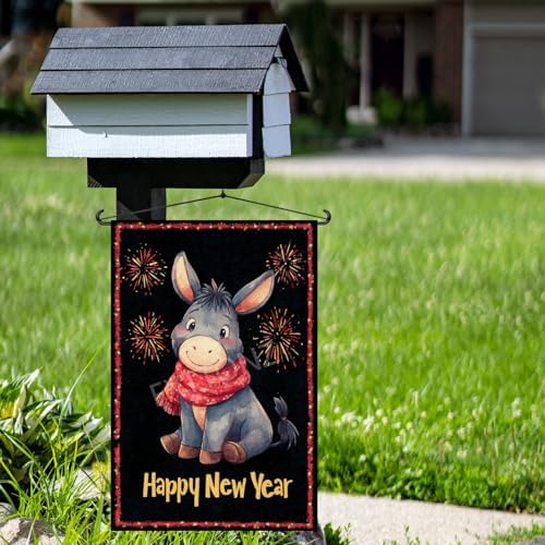 Happy New Year Garden Flag 12x18 Double Sided Vertical Linen Small Fireworks Donkey House Flag Welcome Holiday Winter House Outdoor Outside Decorations (27181)
