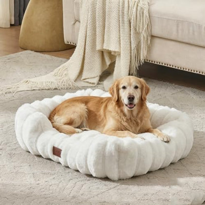 Luxury Dog Beds,Large Sized Dog Washable Furry Pet Beds,Comfort Rectangle Pet Sofa Couch with Ultra,Puppy Beds with Removable Zipper Cover,30x25x7.5inches,Beige