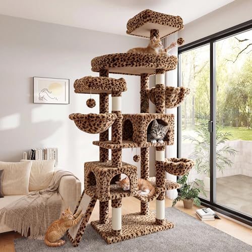 SHA CERLIN 82 inch Cat Tree Tower, Multi-Level Cat Condo with Plush Perches, Sisal Scratching Posts, Hammock and Toys, Stable Cat Tower for Kittens and Adult Cats, Leopard Print