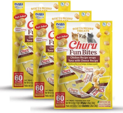 INABA Churu Fun Bites for Cats, Soft & Chewy Baked Chicken Wrapped Filled Cat Treats with Taurine, 0.42 Ounces Each Tetra, 9 Tetras (3 per Bag), Tuna with Cheese Recipe