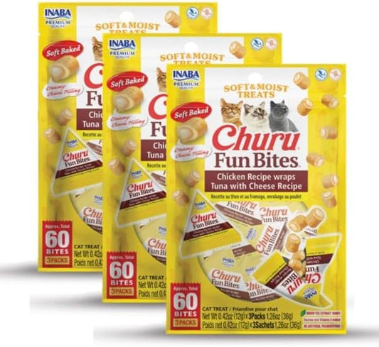 INABA Churu Fun Bites for Cats, Soft & Chewy Baked Chicken Wrapped Filled Cat Treats with Taurine, 0.42 Ounces Each Tetra, 9 Tetras (3 per Bag), Tuna with Cheese Recipe