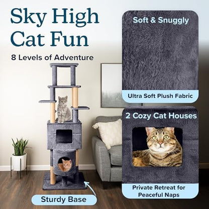 68” Tall Cat Tree Tower - Cat Tower with 2 Kitten Condos, Climbing Perches, 8 Jute Rope Scratching Posts, and Hanging Toy - Multi-Level Kitten Tree and Climbing Activity Furniture by PETMAKER (Gray)