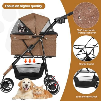 Pet Stroller,Dog Stroller for Small Medium Dogs Cats,3 Wheels,Deep Brown