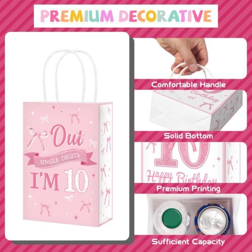 16Pcs Pink Bow 10th Birthday Party Favor Bags Cute Bow Goodie Bags