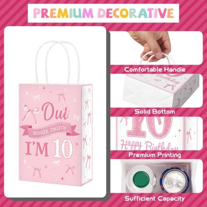 16Pcs Pink Bow 10th Birthday Party Favor Bags Cute Bow Goodie Bags