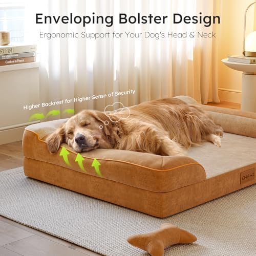 CWAWZ Extra Large Dog Bed, Orthopedic Dog Beds with Cooling Gel Memory Foam, Waterproof XL Pet Bed with Removable Washable Cover, 42" Pet Sofa Couch Dutch Velvet with Bone Toy, Brown